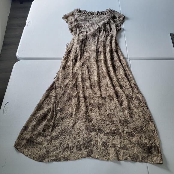 Whimsy Fairy Silk Wrap Dress Womens 8 Brown Leaf Sheer V Neck Maxi Short Sleeve - Picture 4 of 10